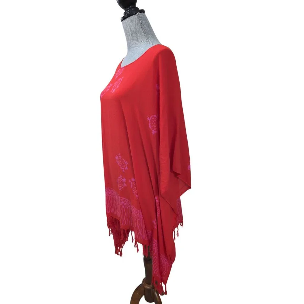 The American Sarong Co Tunic Kaftan Cover Up Womens One Size Red Turtle‎ Print